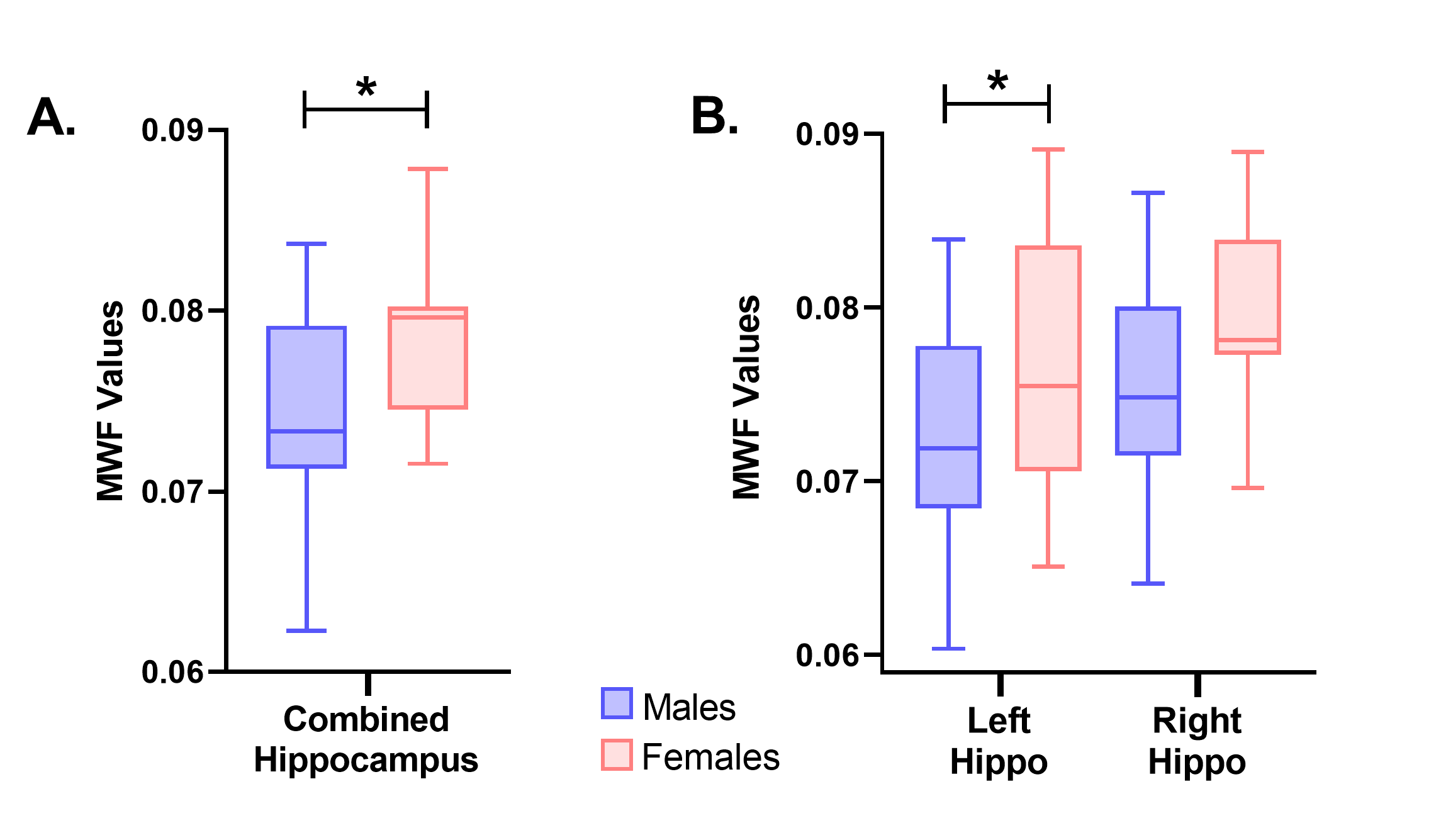 A boxplot graph representing results of myelin water fraction assessment in the hippocampus of male and female pigs.